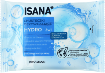 Isana Hydro 3w1 chusteczki oczyszczające w białym opakowaniu z niebieską grafiką wody, widok z przodu.