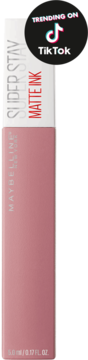 Maybelline Super Stay Matte Ink, matowa szminka w tubce w odcieniu brudnego różu, widok z przodu. Naklejka TikTok.