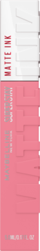 Maybelline Super Stay Matte Ink, różowa matowa szminka w pionowym opakowaniu, z czerwonym napisem MATTE INK.
