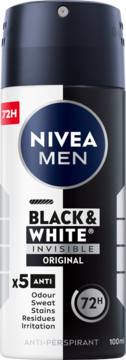 NIVEA MEN Black & White Original Antiperspirant, czarno-biała puszka, widok z przodu, z napisem 72H.