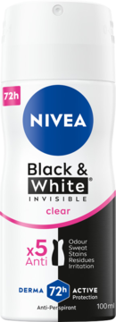 Biały antyperspirant NIVEA Black & White Clear spray 100 ml z czarno-różowym napisem, widok z przodu.