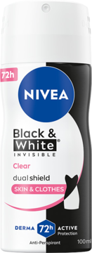 NIVEA Black & White Clear antyperspirant spray 100ml, biało-czarne opakowanie z przodu, ochrona 72h, dual shield.