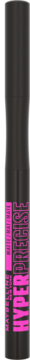 Czarny eyeliner w pisaku Maybelline New York Hyper Precise All Day Liner, pionowy widok z przodu, z jaskraworóżowymi napisami.