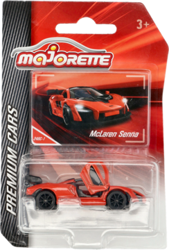 Pomarańczowy metalowy model Majorette McLaren Senna 1:64 w czerwonym blisterze, z otwartymi drzwiami, widok z przodu.