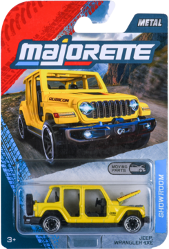 Żółty metalowy model Majorette Jeep Wrangler 4XE w blisterze, z uniesioną maską, widok z przodu.