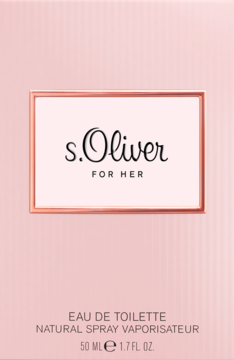 Różowe pudełko perfum s.Oliver For Her Eau de Toilette, z ramką w kolorze różowego złota na przodzie.