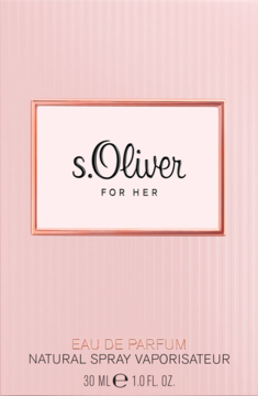 Różowy kartonik perfum s.Oliver For Her 30ml, widok z przodu, z miedzianą ramką i czarnym logo.