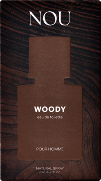 Nou Woody męska woda toaletowa, prostokątne opakowanie w ciemnobrązowym kolorze z motywem drewna, widok z przodu.