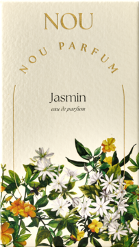 Front kremowego pudełka damskiej wody perfumowanej NOU PARFUM Jasmin z kwiatową ilustracją.