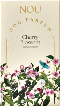 Nou Cherry Blossom woda perfumowana. Kremowe pudełko z kwiatami wiśni, wiśniami, motylem. Widok z przodu.