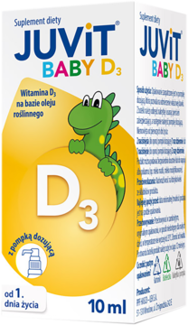 Białe pudełko Juvit Baby D3, 10 ml, z witaminą D3 na bazie oleju roślinnego, z zielonym dinozaurem, widok z przodu.