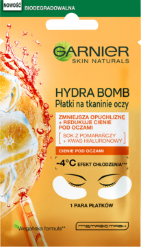Garnier Hydra Bomb chłodzące płatki pod oczy, pomarańczowe opakowanie z plasterkami pomarańczy, widok z przodu.