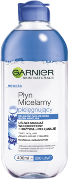 Garnier Płyn Micelarny pielęgnujący, dwufazowy, w przezroczystej butelce z niebieską nakrętką, widok z przodu.