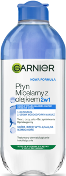 Garnier Płyn Micelarny z olejkiem 2w1, dwufazowy, do demakijażu wodoodpornego. Przezroczysta butelka z niebieską nakrętką, widok z przodu.
