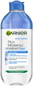 Garnier Płyn Micelarny z olejkiem 2w1, dwufazowy, do wodoodpornego demakijażu, butelka 100% recyklingu, niebieska nakrętka.