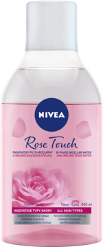 NIVEA Rose Touch dwufazowy płyn micelarny 400ml, przezroczysta butelka z różaną grafiką, widok z przodu.