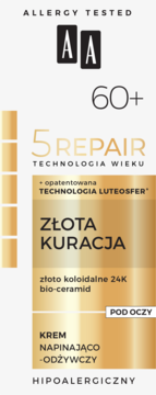 Złoty, hipoalergiczny krem pod oczy AA 5 Repair 60+ z 24K złotem, napinająco-odżywczy. Widok z przodu.