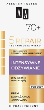 Złoto-fioletowe opakowanie kremu pod oczy AA 5 Repair 70+, nawilżająco-odżywczy, widok z przodu.