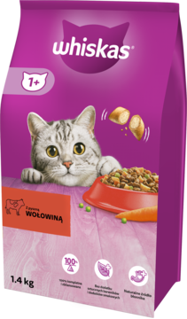 Whiskas karma sucha dla kota 7+ z wołowiną, fioletowa torba 1.4kg z kotem i miską, widok z przodu.