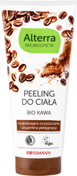 Alterra peeling do ciała Bio Kawa w białej tubce z brązową nakrętką, dekorowana ziarnami kawy, widok z przodu.