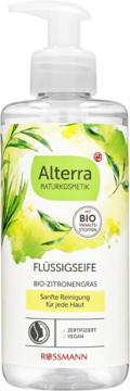 Alterra mydło w płynie bio-trawa cytrynowa, 300ml. Przezroczysta butelka z pompką, etykieta z zielonymi liśćmi.