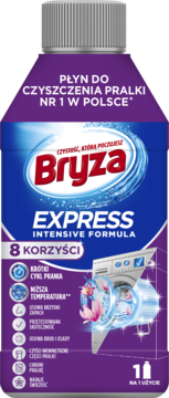 Płyn Bryza Express do czyszczenia pralek, nr 1 w Polsce, fioletowa butelka, opis 8 korzyści, widok z przodu.