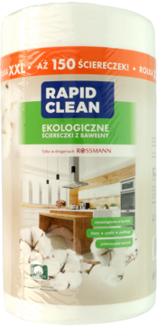 Biała rolka 150 ekologicznych ściereczek z bawełny Rapid Clean, z etykietą kuchni, widok z przodu.