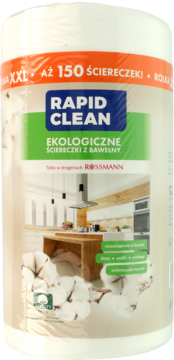 Biała rolka 150 ekologicznych ściereczek z bawełny Rapid Clean, z etykietą kuchni, widok z przodu.