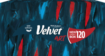 Chusteczki Velvet Art 3-warstwowe w kompaktowym pudełku z abstrakcyjnym, niebiesko-czerwonym wzorem, logo Velvet i info o 120 sztukach.