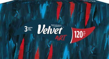 Chusteczki Velvet Art 3-warstwowe, 120 sztuk. Kompaktowe opakowanie z abstrakcyjnym, niebiesko-czerwonym wzorem, widok z przodu.