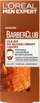 L'Oréal Men Expert BarberClub olejek do długiej brody, brązowe opakowanie z teksturą drewna cedrowego, z przodu.