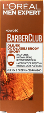 L'Oréal Men Expert BarberClub olejek do długiej brody, brązowe opakowanie z teksturą drewna cedrowego, z przodu.