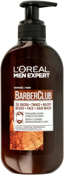 Ciemnobrązowy żel L'Oréal Men Expert BarberClub do brody, twarzy i włosów z pompką, widok z przodu.