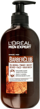Ciemnobrązowy żel L'Oréal Men Expert BarberClub do brody, twarzy i włosów z pompką, widok z przodu.