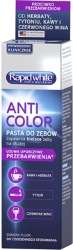 Rapid White Anti Color pasta do zębów w białym pudełku, widok z przodu, zwalcza przebarwienia od kawy i herbaty.