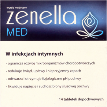 Biało-niebieskie opakowanie Zenella MED, wyrób medyczny na infekcje intymne, widok z przodu. Zawiera 14 tabletek dopochwowych.