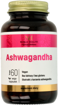 Ashwagandha Noble Health, 60 wege kapsułek w ciemnej butelce, wspiera koncentrację i redukuje zmęczenie.