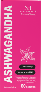 Noble Health Ashwagandha, suplement diety, 60 kapsułek, różowe opakowanie, widok z przodu, na koncentrację i psychikę.
