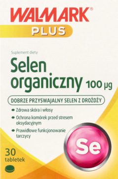 Biało-żółte opakowanie Walmark Selen organiczny 100 µg, suplementu diety 30 tabletek, z różowym Se.