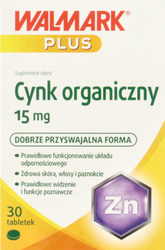 Opakowanie Walmark Plus Cynk organiczny 15 mg, biało-żółte pudełko z fioletowym symbolem Zn, widok z przodu.