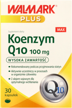 Walmark Koenzym Q10 Max, suplement diety 100 mg, żółto-zielone opakowanie, 30 kapsułek, widok z przodu.