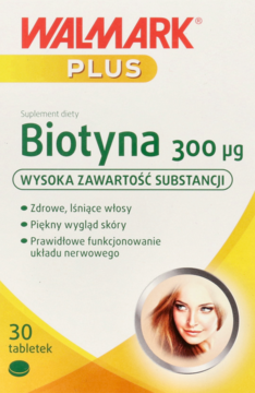 Walmark Plus Biotyna 300 µg, suplement diety w biało-żółtym pudełku z grafiką twarzy kobiety, widok z przodu.