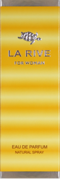 Złote opakowanie perfum LA RIVE FOR WOMAN EAU DE PARFUM NATURAL SPRAY, ze srebrnym emblematem żółwia.