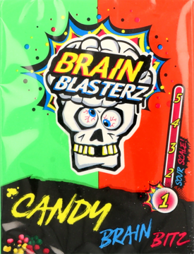 Front opakowania kwaśnych cukierków Brain Blasterz, zielono-czerwone, z dużą grafiką czaszki i skalą kwasowości.