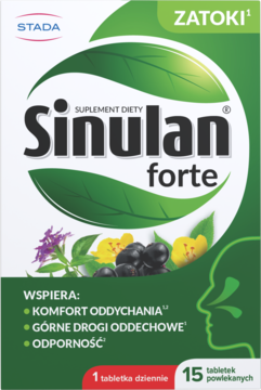 Zielono-białe opakowanie Sinulan forte, suplementu diety na zatoki, z roślinnymi grafikami, widok z przodu.