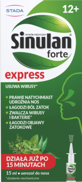 Sinulan Forte Express, wyrób medyczny, aerozol do nosa, 15ml. Zielone opakowanie, widok z przodu. Udrażnia nos.