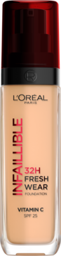 L'Oréal Infaillible 32H Fresh Wear podkład z witaminą C, beżowa butelka z czerwoną pompką, widok z przodu.