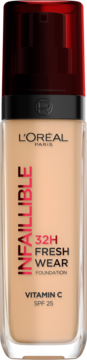 L'Oréal Infaillible 32H Fresh Wear, beżowy podkład w szklanej butelce z czerwoną pompką, Vitamin C, SPF 25.