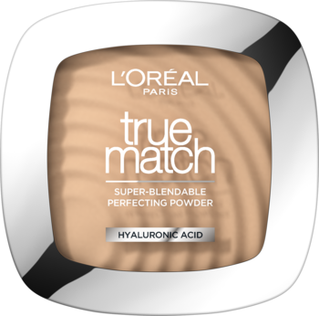 L'Oréal Paris True Match Super-blendable Perfecting Powder z kwasem hialuronowym, beżowy kompakt, widok z przodu.