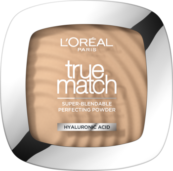 L'Oréal Paris True Match Super-blendable Perfecting Powder z kwasem hialuronowym, beżowy kompakt, widok z przodu.